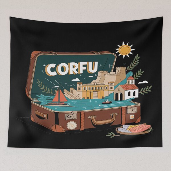 Item preview, Corfu Greece Greek - "Corfu Adventure Suitcase – Retro Cartoon Travel Art" designed and sold by stickercuffs.