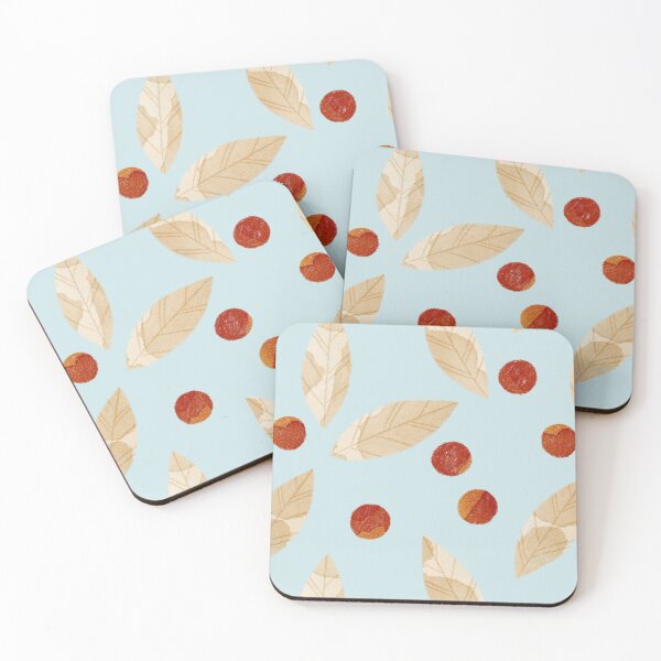 Item preview, Beige watercolor bay leaves and orange berries botanical illustration on blue background designed and sold by helga-wigandt.