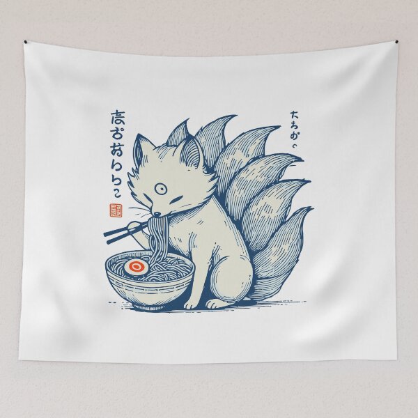 Item preview, Kawaii Kitsune Enjoying Ramen in Retro Ukiyo-e designed and sold by LuminOrb.