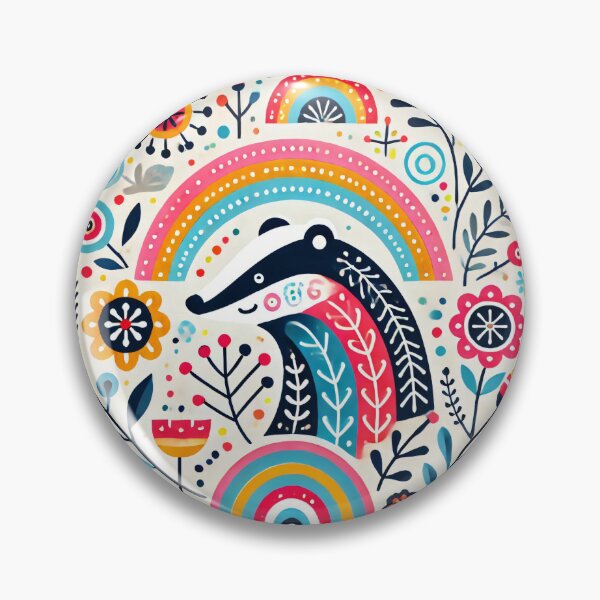 Item preview, Scandinavian Folk Art Rainbow Animals - Bright Beautiful Smiling Badger by heidiannemorris designed and sold by FOLK ART FUSION by heidiannemorris.