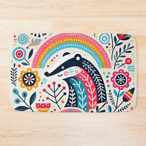 Item preview, Scandinavian Folk Art Rainbow Animals - Bright Beautiful Smiling Badger by heidiannemorris designed and sold by FOLK ART FUSION by heidiannemorris.