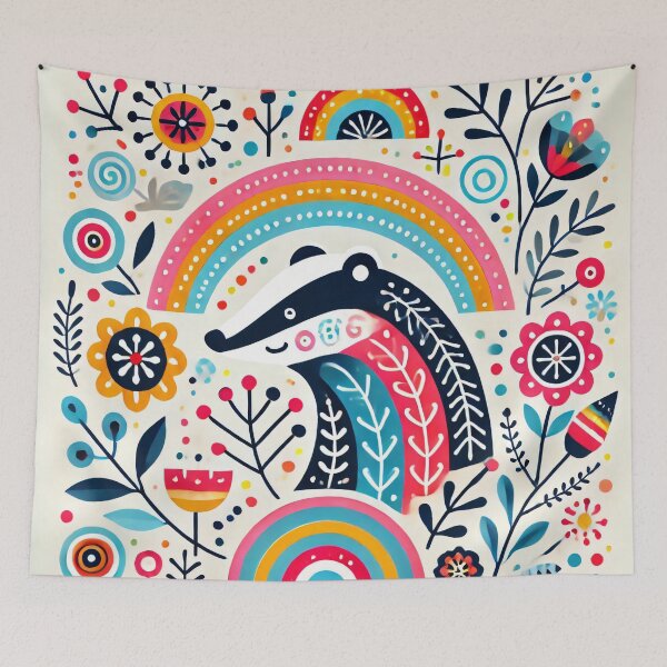 Item preview, Scandinavian Folk Art Rainbow Animals - Bright Beautiful Smiling Badger by heidiannemorris designed and sold by FOLK ART FUSION by heidiannemorris.