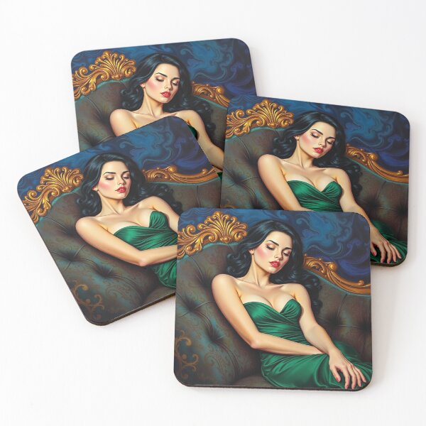 Item preview, Painting of a beautiful lady in a green dress reclining on her sofa designed and sold by Vintage Designs +.