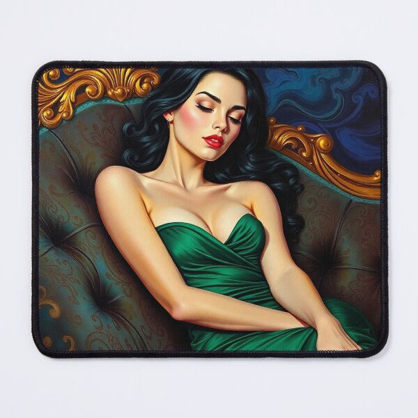 Item preview, Painting of a beautiful lady in a green dress reclining on her sofa designed and sold by Vintage Designs +.