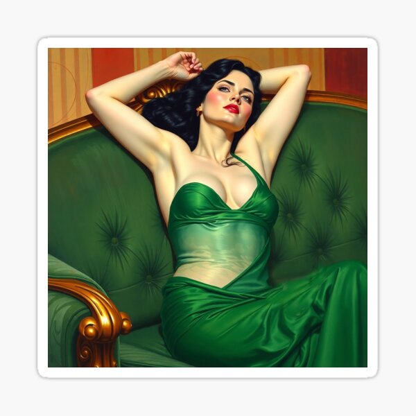 Item preview,  Painting of a beautiful lady in a green dress reclining on her sofa designed and sold by Vintage Designs +.