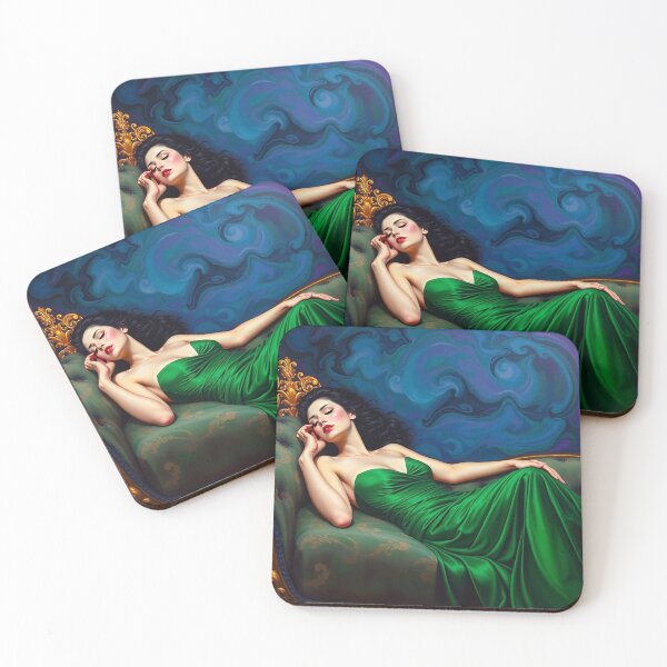 Item preview,  Painting of a beautiful lady in a green dress reclining on her sofa designed and sold by Vintage Designs +.