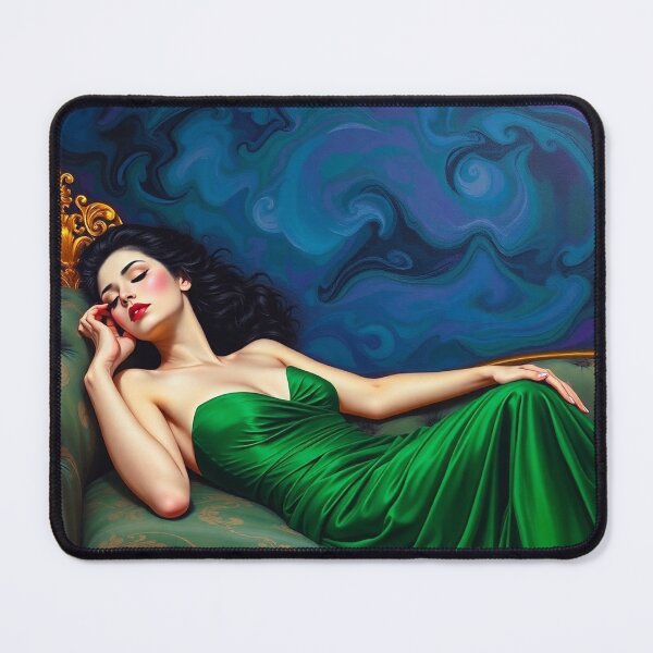 Item preview, Painting of a beautiful lady in a green dress reclining on her sofa designed and sold by Vintage Designs +.