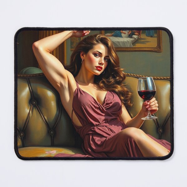 Item preview, Painting of a beautiful lady reclining on her sofa with a glass of red wine designed and sold by Vintage Designs +.