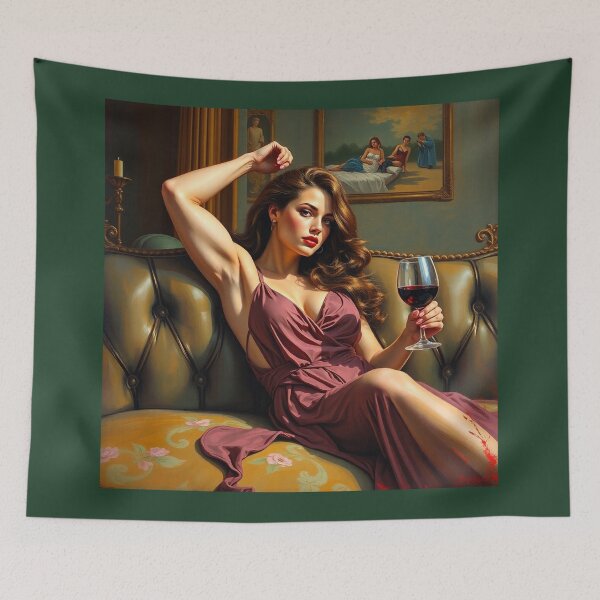 Item preview,  Painting of a beautiful lady reclining on her sofa with a glass of red wine designed and sold by Vintage Designs +.