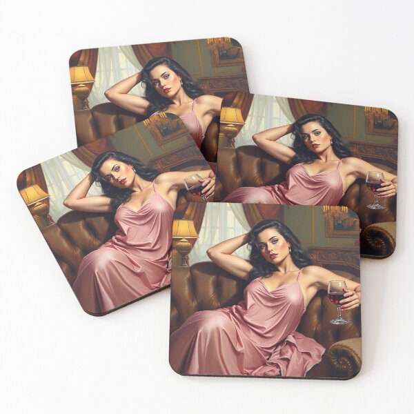 Item preview,  Painting of a beautiful lady reclining on her sofa with a glass of red wine designed and sold by Vintage Designs +.