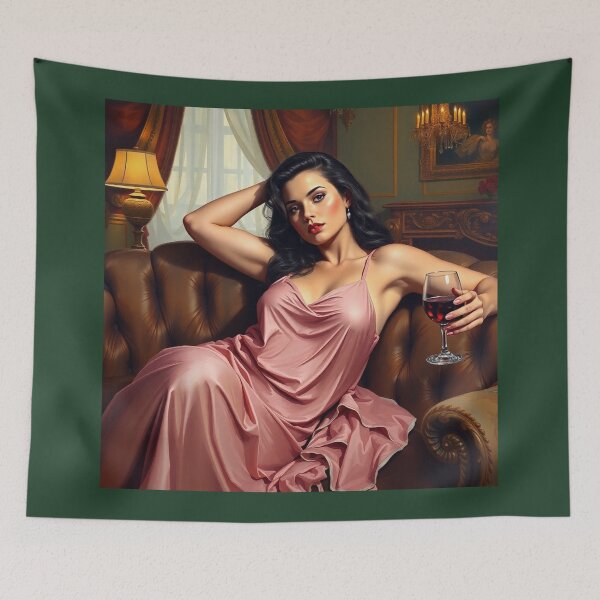 Item preview,  Painting of a beautiful lady reclining on her sofa with a glass of red wine designed and sold by Vintage Designs +.