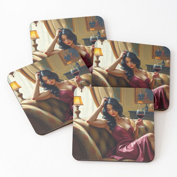 Item preview,  Painting of a beautiful lady reclining on her sofa with a glass of red wine designed and sold by Vintage Designs +.