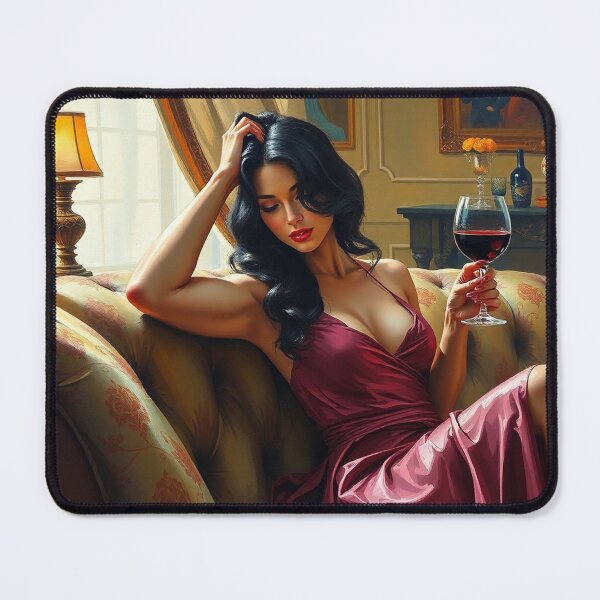 Item preview, Painting of a beautiful lady reclining on her sofa with a glass of red wine designed and sold by Vintage Designs +.