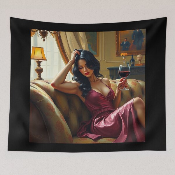 Item preview,  Painting of a beautiful lady reclining on her sofa with a glass of red wine designed and sold by Vintage Designs +.