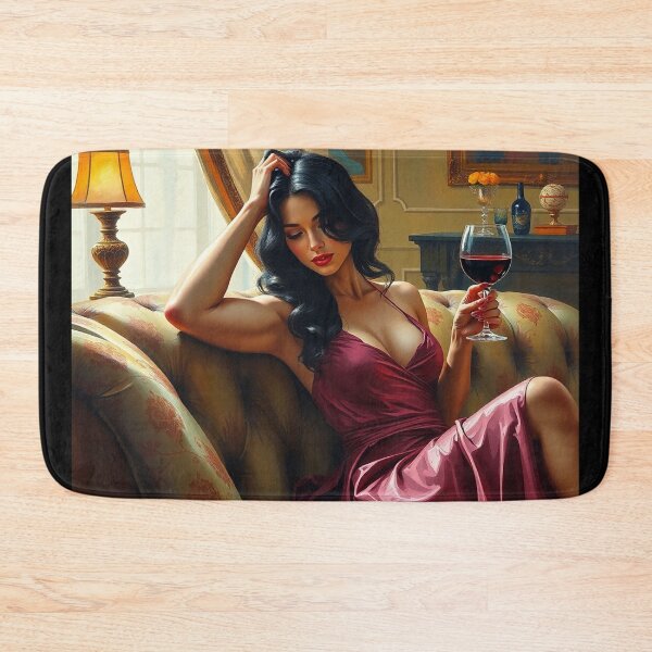 Item preview,  Painting of a beautiful lady reclining on her sofa with a glass of red wine designed and sold by Vintage Designs +.
