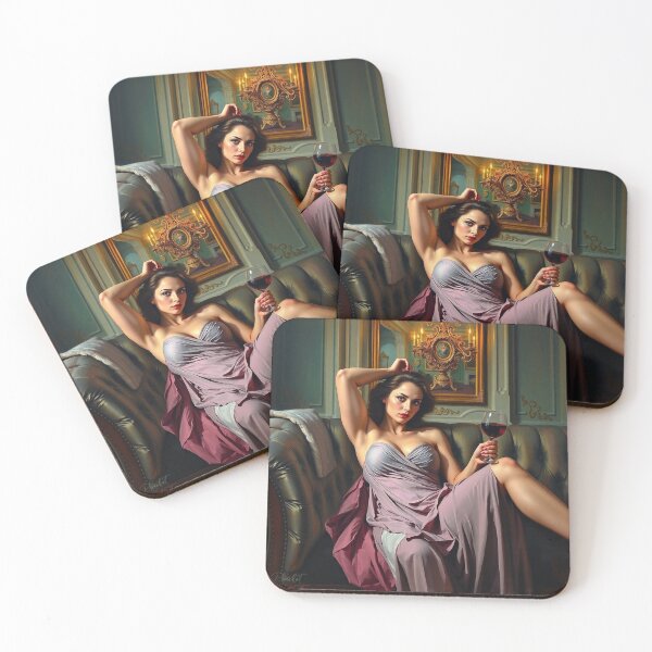 Item preview, Painting of a beautiful lady reclining on her sofa with a glass of red wine designed and sold by Vintage Designs +.