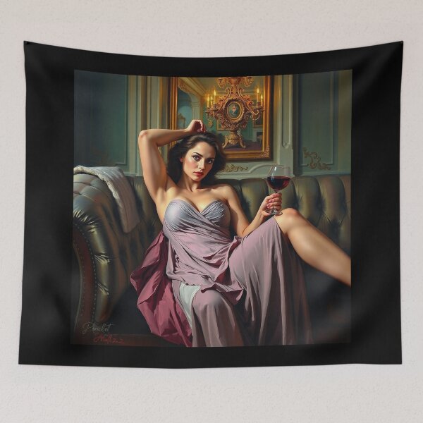 Item preview, Painting of a beautiful lady reclining on her sofa with a glass of red wine designed and sold by Vintage Designs +.