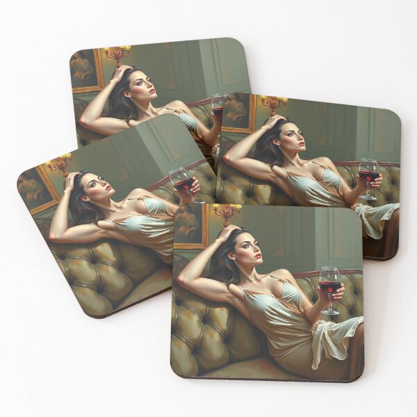 Item preview, Painting of a beautiful lady reclining on her sofa with a glass of red wine designed and sold by Vintage Designs +.