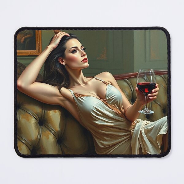 Item preview, Painting of a beautiful lady reclining on her sofa with a glass of red wine designed and sold by Vintage Designs +.