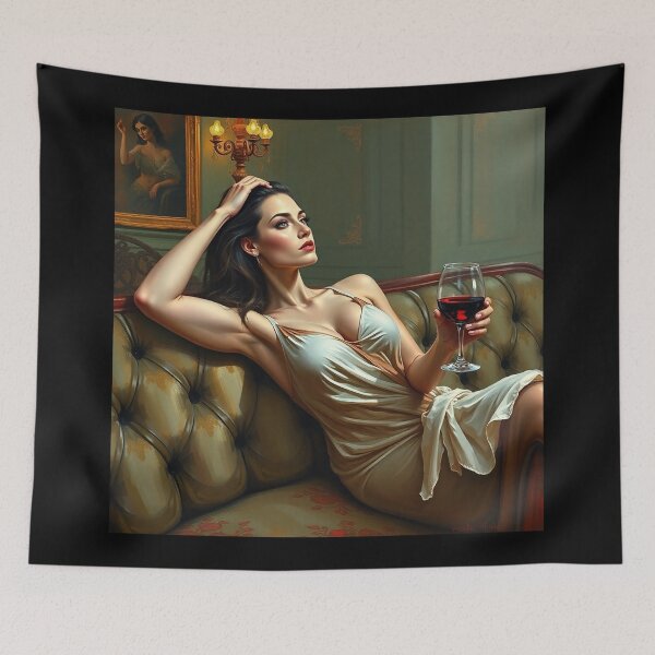 Item preview, Painting of a beautiful lady reclining on her sofa with a glass of red wine designed and sold by Vintage Designs +.