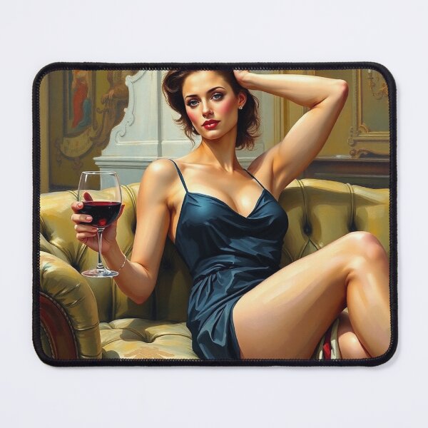 Item preview,  Painting of a beautiful lady reclining on her sofa with a glass of red wine designed and sold by Vintage Designs +.