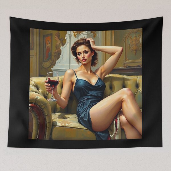 Item preview,  Painting of a beautiful lady reclining on her sofa with a glass of red wine designed and sold by Vintage Designs +.