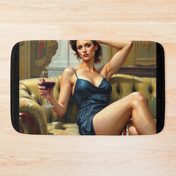 Item preview,  Painting of a beautiful lady reclining on her sofa with a glass of red wine designed and sold by Vintage Designs +.