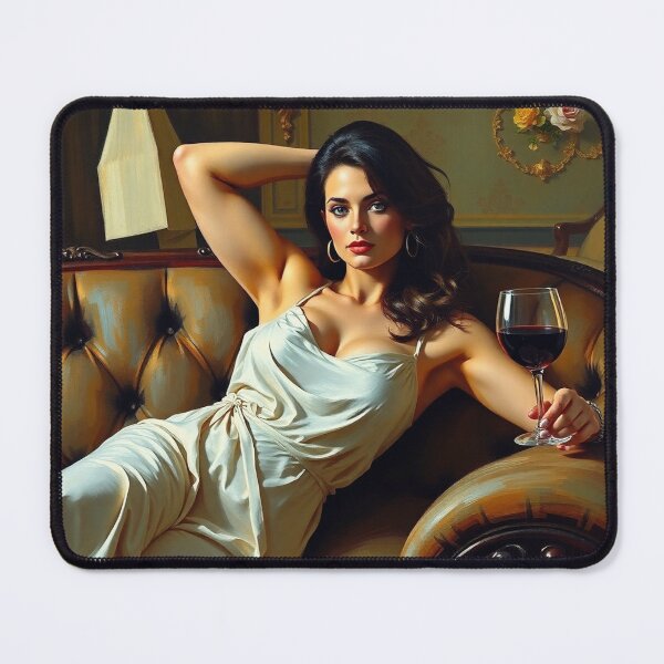 Item preview, Painting of a beautiful lady reclining on her sofa with a glass of red wine designed and sold by Vintage Designs +.
