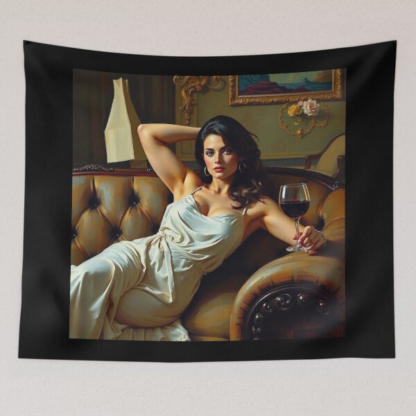 Item preview, Painting of a beautiful lady reclining on her sofa with a glass of red wine designed and sold by Vintage Designs +.