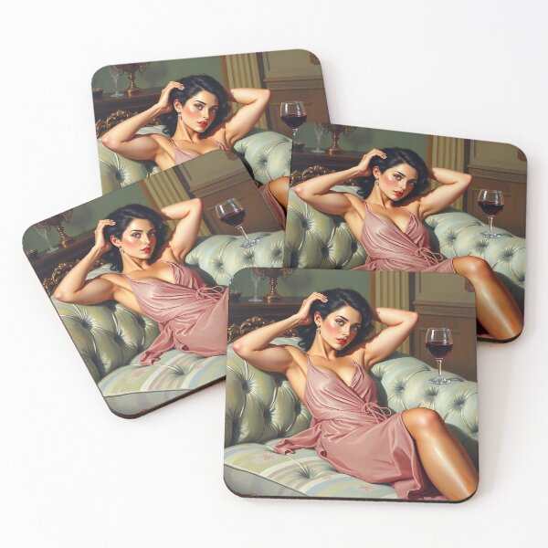 Item preview, Painting of a beautiful lady reclining on her sofa with a glass of red wine designed and sold by Vintage Designs +.