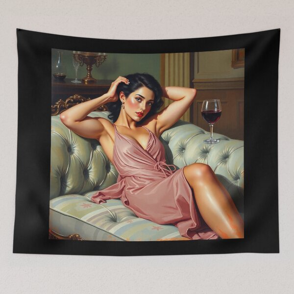 Item preview, Painting of a beautiful lady reclining on her sofa with a glass of red wine designed and sold by Vintage Designs +.