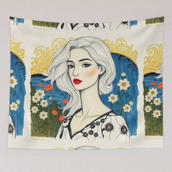 Item preview, Beautiful white haired lady illustration inspired by Gustav Klimt designed and sold by Vintage Designs +.