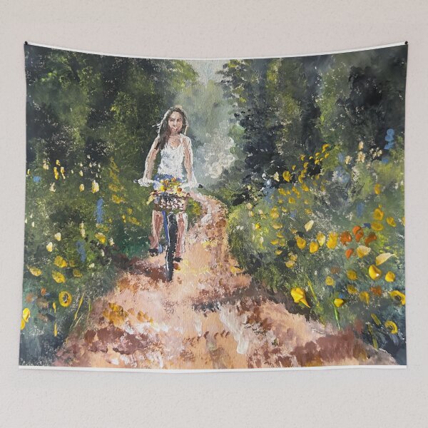 Item preview, Doreen On A Bicycle In Wildflowers designed and sold by TheArtCave.