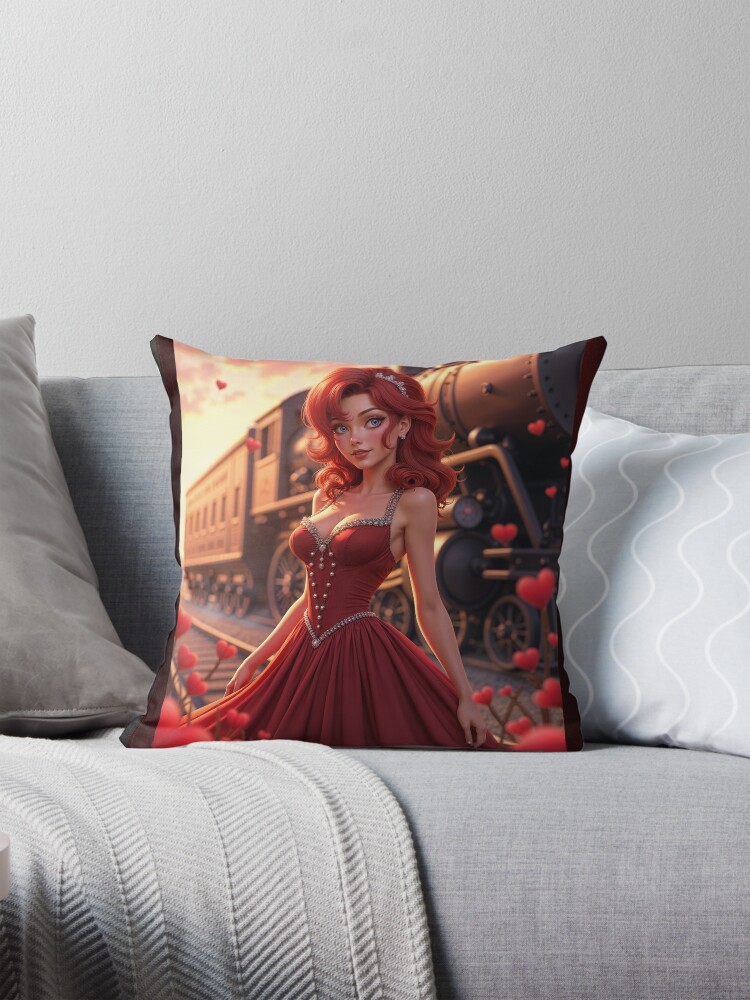 Isabéla Rosine D'Amore In The Garden Of Hearts With The Valentine Express Enchanting AI Concept Art by Xzendor7 Decorative Art Print Throw Pillow