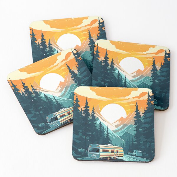 Item preview, Camping caravan outdoor traveling vacation illustration. National park scene with RV traveler truck at evening. Forest, mountains and sun designed and sold by anytka.