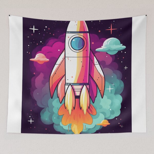Item preview, Cartoon-style minimal spaceship rocket icon. Toy rocket upswing, spewing smoke and flame designed and sold by anytka.