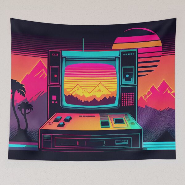 Item preview, The futuristic retro landscape of the 80s. Illustration of the sun with mountains and TV in retro style. Suitable for the design of the 80s style designed and sold by anytka.