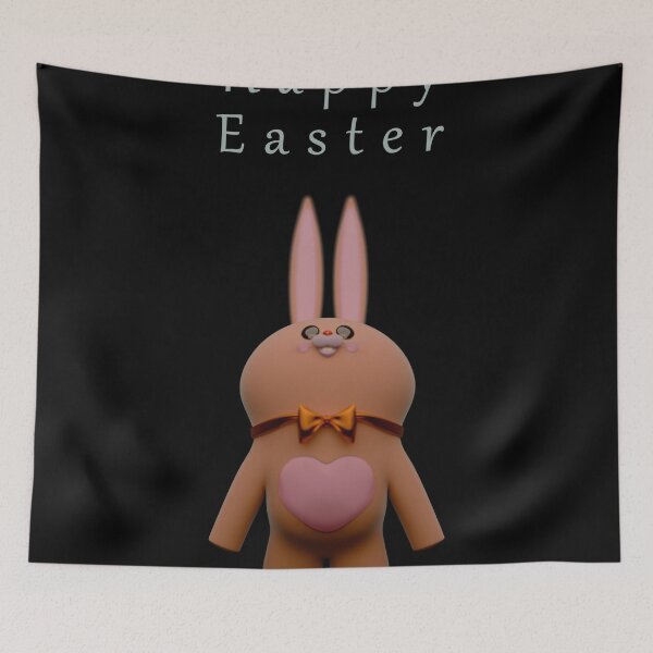 Item preview, Easter Bunny Figurine Standing Among Decorated Eggs on a Brown Background with "Happy Easter" Text designed and sold by Omar Lopez-Rincon.