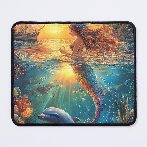 Item preview, Enchanting Mermaid Underwater with Dolphin at Sunset designed and sold by Artessie.