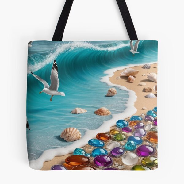 Aperçu de l'œuvre 4 pierres colorées sur la plage - soleil, mer, sable, mouettes et coquillages créée et vendue par AlinaSCorner.