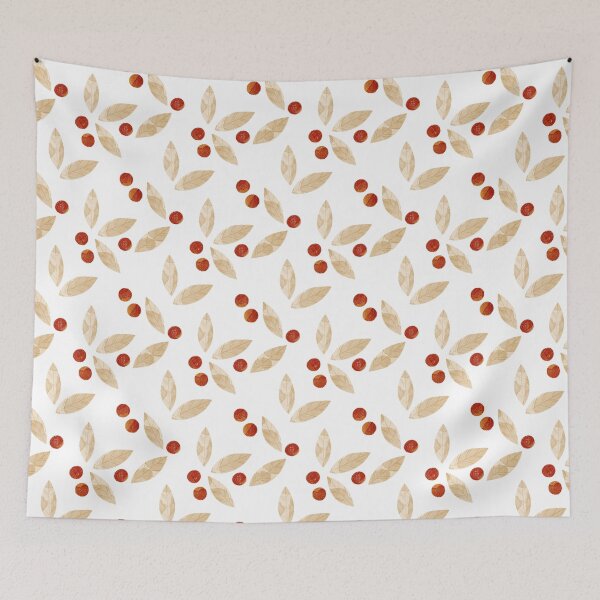 Item preview, Beige watercolor bay leaves and orange berries botanical illustration on white background designed and sold by helga-wigandt.