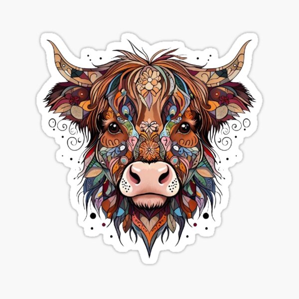 Vista previa del artículo con la obra «Pegatina de vaca de las tierras altas con formas geométricas y coloridas», diseñado y vendido por DakotaDesigns.