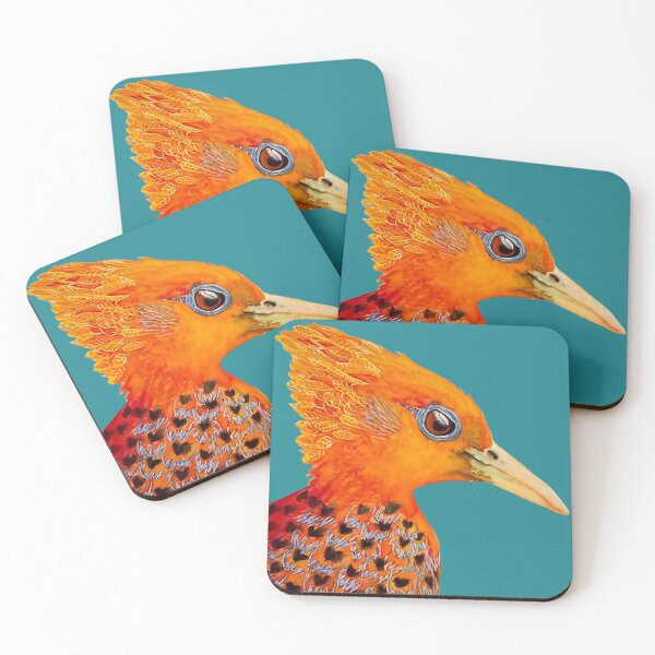 Item preview, Watercolour of chestnut woodpecker with beautiful orange tones on a dark emerald background, hand painted then scanned designed and sold by art-elodie-g.