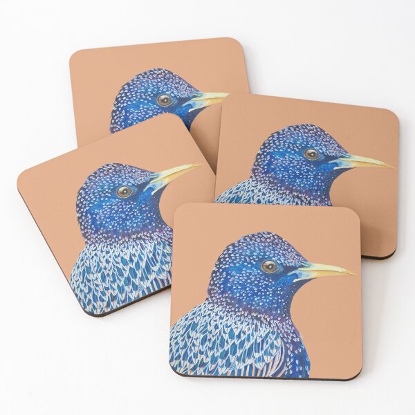 Item preview, Watercolor painting of a starling with blue and iridescent tones and a beige background designed and sold by art-elodie-g.