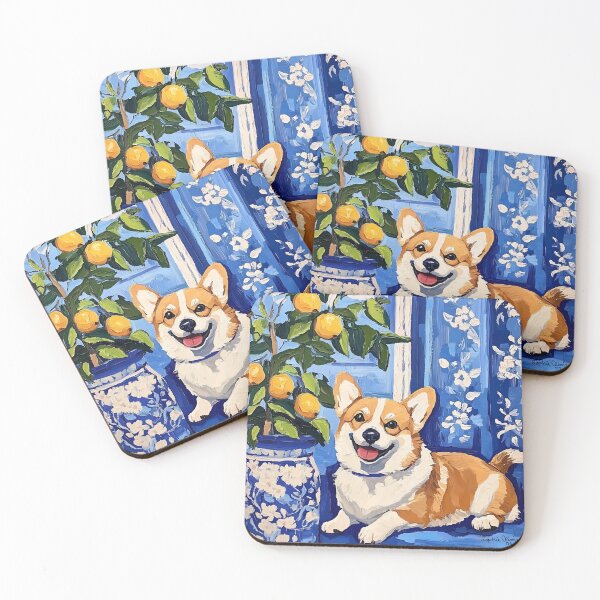 Item preview, Corgi in Blue chinoiserie interior with lemons designed and sold by SophieClimaArt.