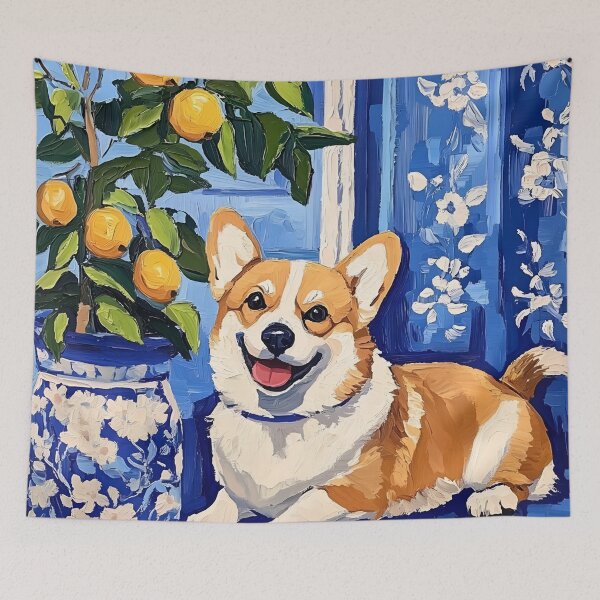 Item preview, Corgi in Blue chinoiserie interior with lemons designed and sold by SophieClimaArt.
