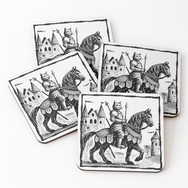 Item preview, Knight Cat Riding on Horse back Medieval Castlecore - Minimalist Black White Art designed and sold by BeaverFriends.