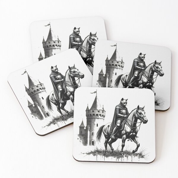 Item preview, Medieval Cat knight on horseback Castlecore - Minimalist Black White Art designed and sold by BeaverFriends.