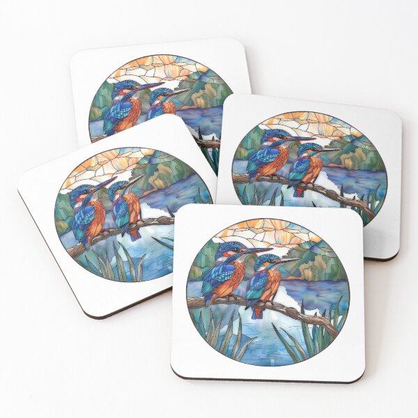 Item preview, Common Kingfishers Birds Stained Glass Illustration  designed and sold by Dewdrop & Fern.