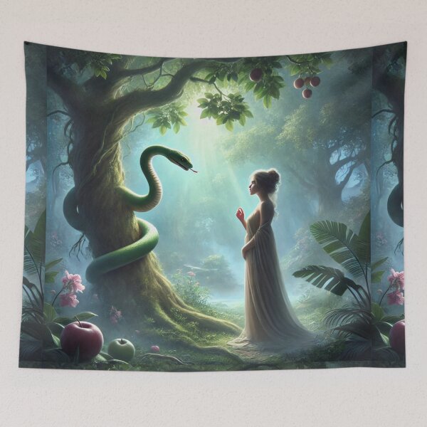 Item preview, "And the Woman Said Unto the Serpent, We May Eat of the Fruit of the Trees of the Garden" – Eve’s Response to Temptation Verse: Genesis 3:2–3 (KJV) designed and sold by Meta2Physical.